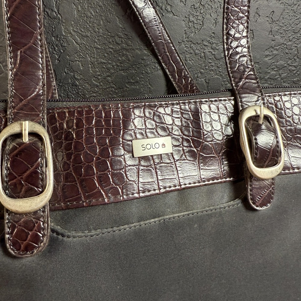 Solo New York Laptop Tote Brown Black Faux Croc Nylon Briefcase‎ Womens Large - Picture 2 of 5
